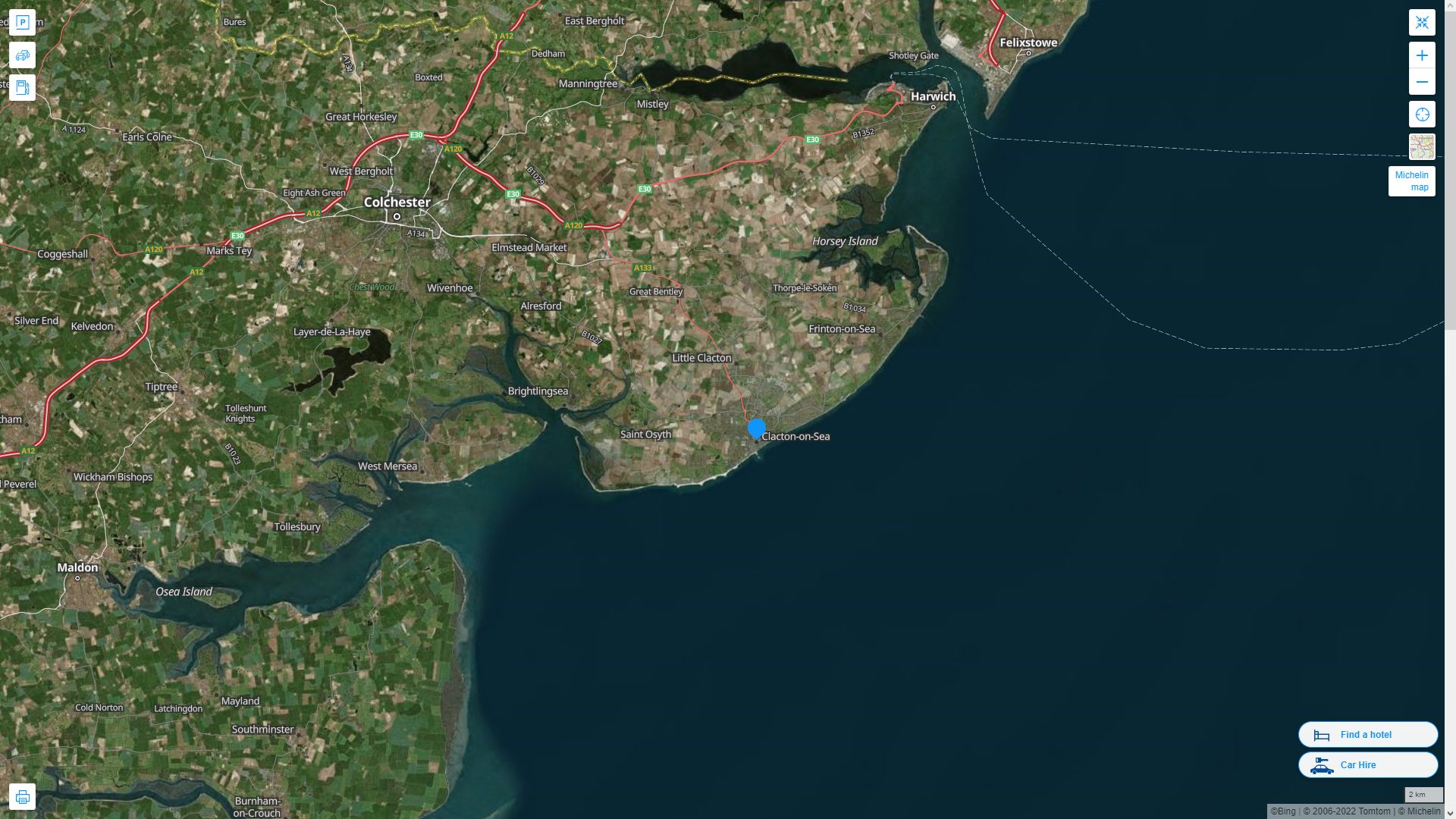 Clacton on Sea Royaume Uni Autoroute et carte routiere avec vue satellite